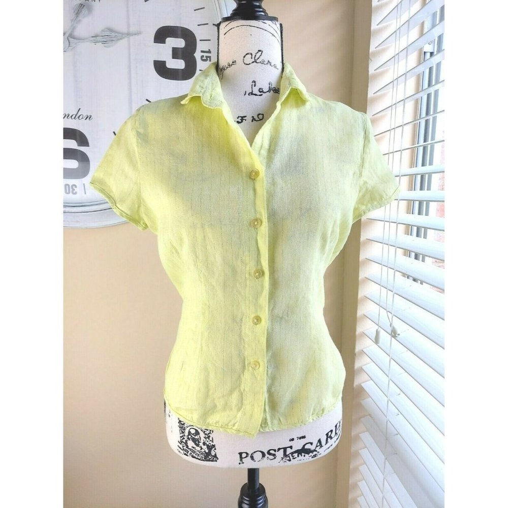 St. Tropez West 100% Linen Cap Sleeve Button-down Top Size MediumYellow